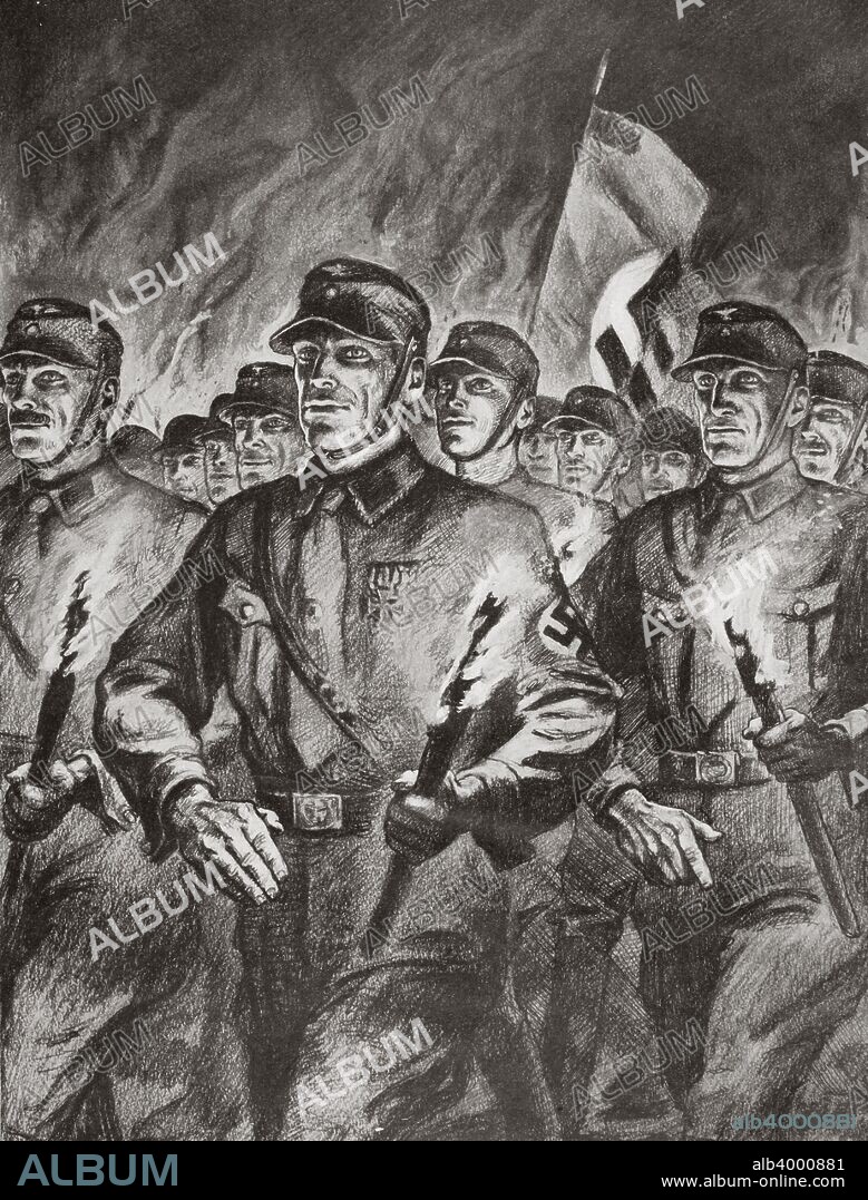 The historical torchlight procession of the SA in Berlin on 30th January, 1933. 30th January 1933 was the day Adolf Hitler became Chancellor of Germany. Founded in c1919, the Sturmabteilung (SA) was the paramilitary wing of the Nazi party. Its members were known as the 'Brownshirts' because of the colour of their uniforms. The SA played an important part in Hitler's rise to power in Germany but its significance was effectively ended when its leaders were killed in the 'Night of the Long Knives' in 1934, with the rival Schutzstaffel (SS) taking over its role.