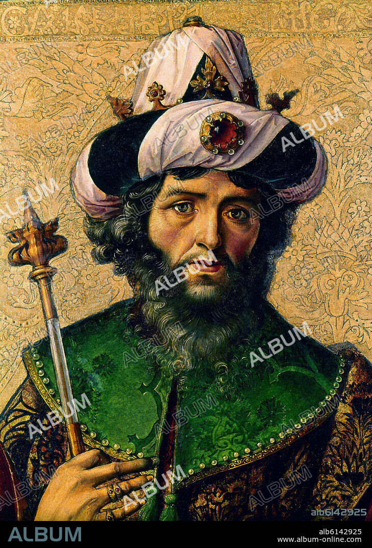PEDRO BERRUGUETE. King David of Israel (C. 1040-970 BC). Portrait by Pedro de Berruguete, 1490. Detail of high altar. Church os Santa Eulalia. Paredes de Nava, Palencia, Castille-Leon. Spain.