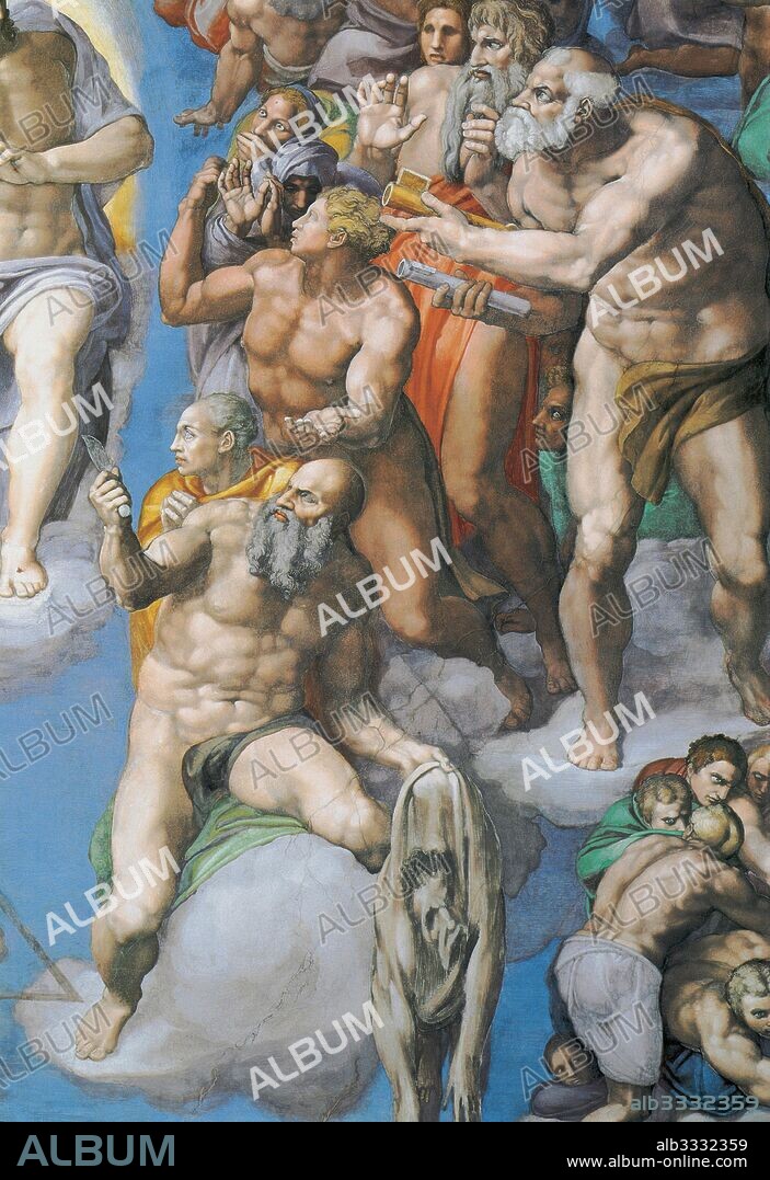 MICHELANGELO. Detail of the fresco "The Last Judgement" on the wall in Sistine chapel.
