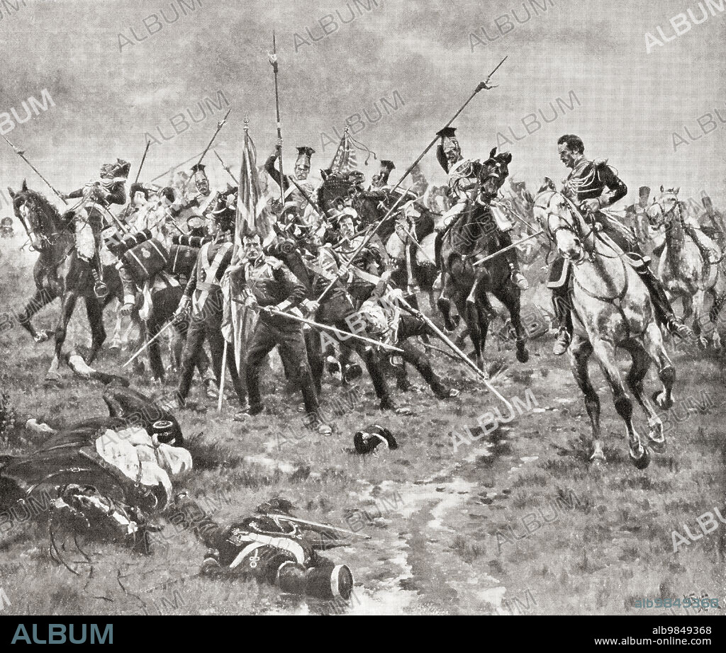 The Battle of Albuera, Badajoz, Spain, 16 May 1811, during the Peninsular War, between British, Spanish and Portuguese corps and the French ArmÃƒÂ©e du Midi. From Hutchinson's History of the Nations, published 1915.