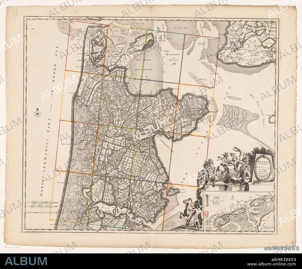ANON. Map of Noord-Holland and part of Friesland, 1726-1750. At the bottom right the title cartouche with figures around it including a man with a horse, satyrs, putti, Mercury who takes the horn of plenty from a female figure, and a river god. Below that a deployment map of the Wadden area with scale.