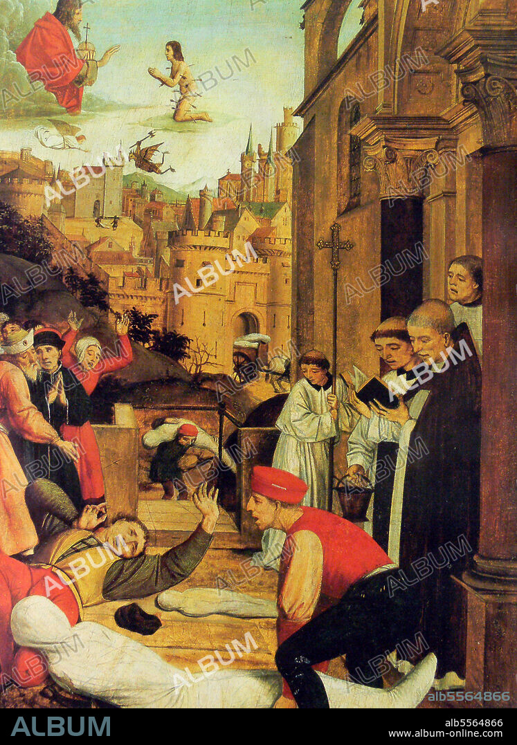 Josse Lieferinxe  (?1508) / St Sebastian pleading for the life of a gravedigger afflicted with plague during the 7th-century Plague of Pavia. óleo sobre tela. 81,8 cm x 55,4 cm. Walters Art Museum, Baltimore, USA.
