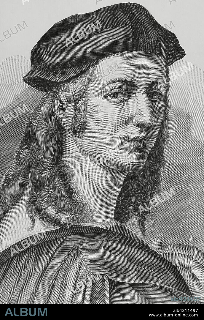 MARCELO PARÍS (C. 1846-1901). 19TH-CENTURY SPANISH ENGRAVER.. Raphael (1483-1520). Italian Renaissance artist. Portrait. Engraving by Marcelo París. Detail. La Ilustración Española y Americana (The Spanish and American Illustration), 1883.