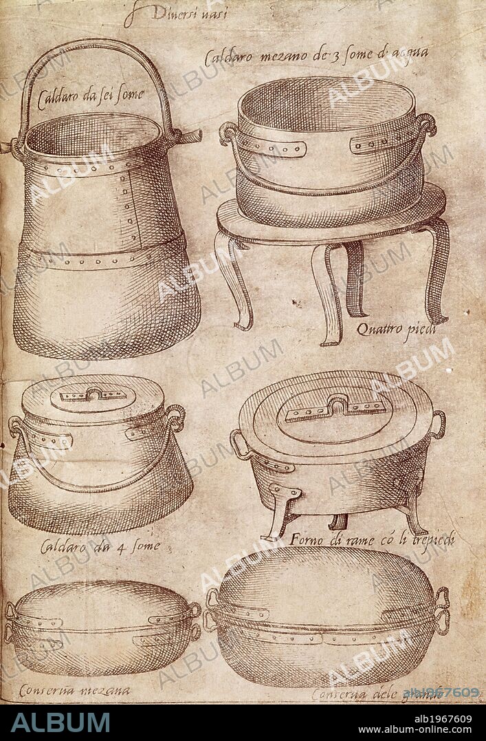 Pots, 1570, by Bartolomeo Scappi (1500-1577), illustration from L'arte et prudenza d'un maestro Cuoco (The Art and Craft of a Master Cook).