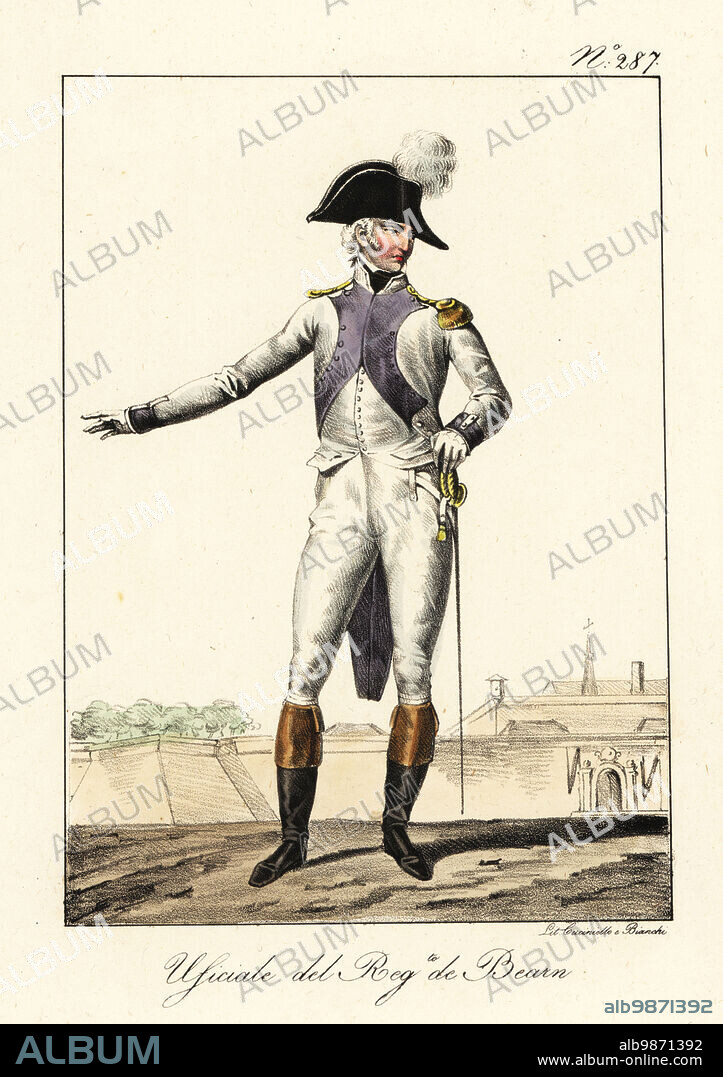 Officer in uniform of the Bearn Regiment, late 18th century. French Army regiment active from 1684-1762 that fought in the Seven Years' War. In bicorne with plume, white uniform with lilac cuffs and lapels, epaulettes, boots, sabre. Officier au Regiment de Bearn. Handcoloured lithograph by Lorenzo Bianchi and Domenico Cuciniello after Hippolyte Lecomte from Costumi civili e militari della monarchia francese dal 1200 al 1820, Naples, 1825. Italian edition of Lecomtes Civilian and military costumes of the French monarchy from 1200 to 1820.