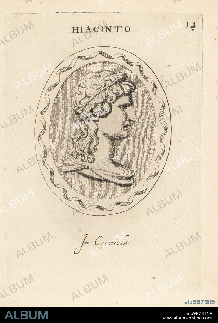 Bust of Hyacinthus, divine hero and a lover of Apollo from Greek mythology. Hyacinth. In carnelian. Hiacinto. In corniola. Copperplate engraving by Giovanni Battista Galestruzzi after Leonardo Agostini from Gemmae et Sculpturae Antiquae Depicti ab Leonardo Augustino Senesi, Abraham Blooteling, Amsterdam, 1685.