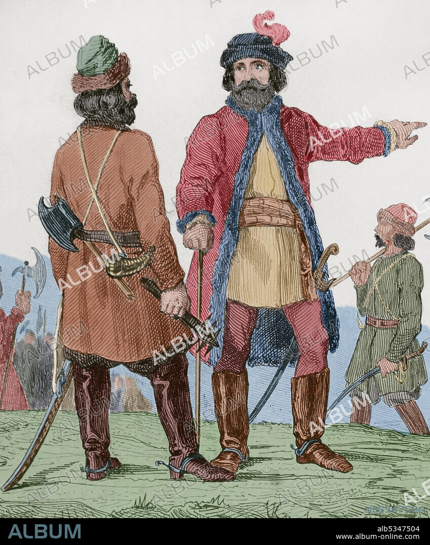 FRENCH PAINTER. AUGUSTIN FRANçOIS LEMAITRE (1797-1870). FRENCH ENGRAVER AND LITHOGRAPHER. VICTOR-MARIE-FELIX DANVIN (1802-1842). Russia. Streltsy. Muscovite infantry corps. Engraving by Lemaitre. History of Russia by Jean Marie Chopin (1796-1870). Panorama Universal, Spanish edition, 1839. Later colouration.