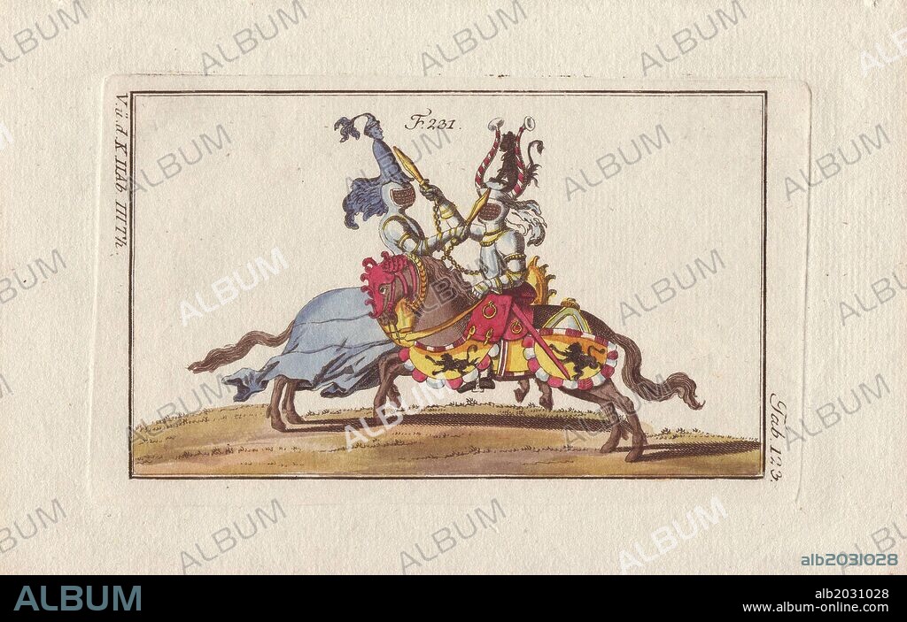 Two mounted knights in armor in a tournament duel with cudgels. The cudgel is attached by a chain to the knight's breastplate.. . The rider on the left wears plain pale blue colors and a helmet adorned with a blue figure of a man on top, while the rider on the right has black lions rampant on a yellow ground on his horse colors and a lion sitting between two horns on his helmet.. . Handcolored copperplate engraving from Robert von Spalart's "Historical Picture of the Costumes of the Principal People of Antiquity and of the Middle Ages" (1796).