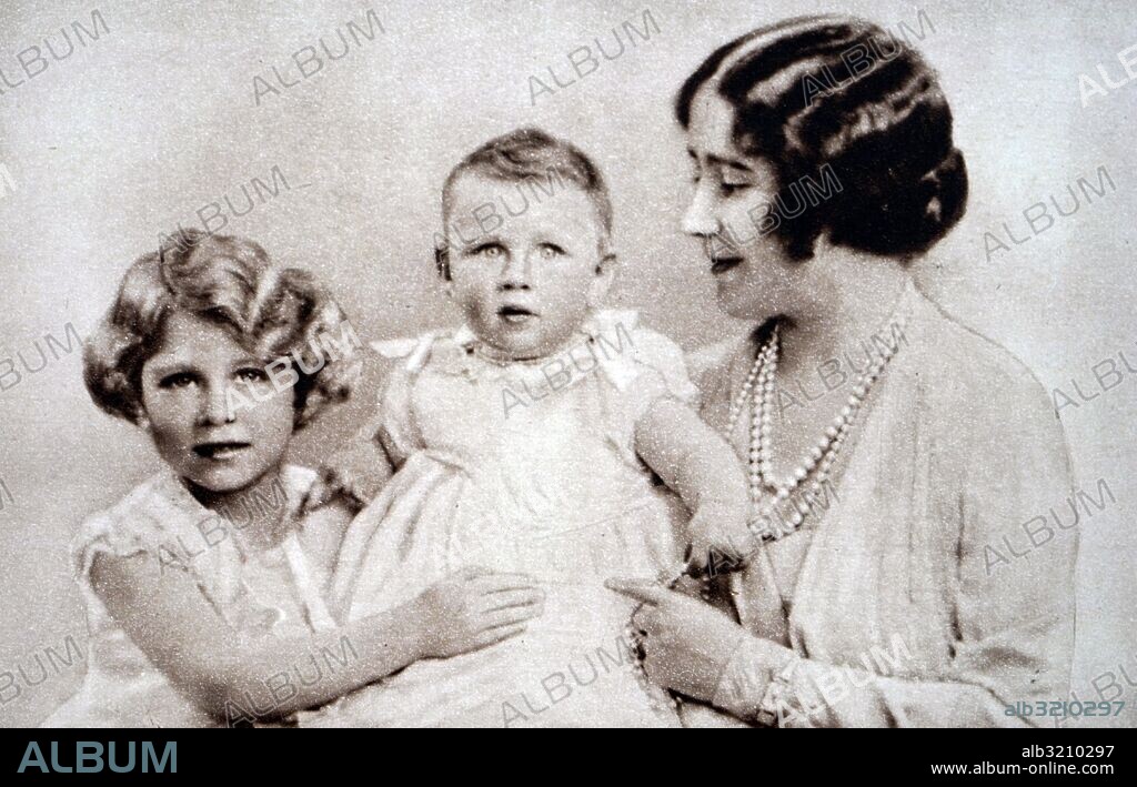 Photograph of Queen Elizabeth The Queen Mother (1900-2002) with Princess Elizabeth (1926-) and Princess Margaret (1930-2002). Dated 20th Century.
