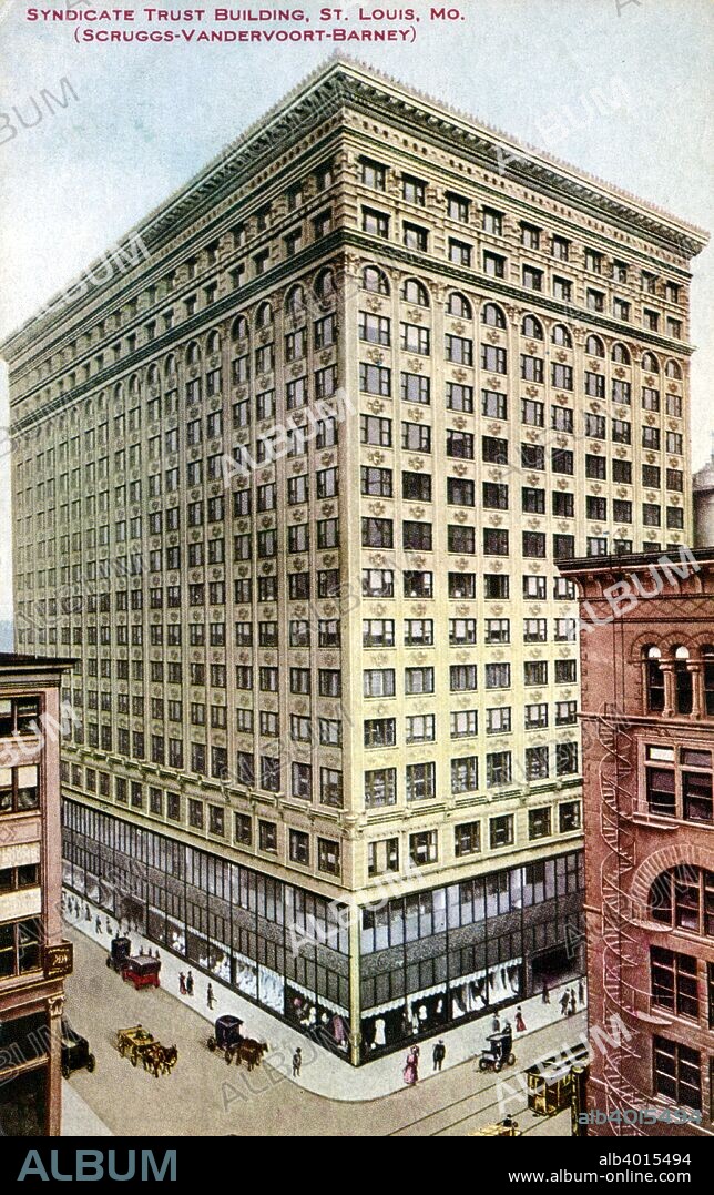 Syndicate Trust Building, St Louis, Missouri, USA, 1910. Vintage postcard showing the exterior of the Syndicate Trust Building, home of the Scruggs-Vandervoort-Barney Department Store. Designed by Harry Roach and built in 1907, the building became vacant in 1967 after the store closed. It was converted between 2006-2008 and now houses condominiums and apartments, with retailing at street level.