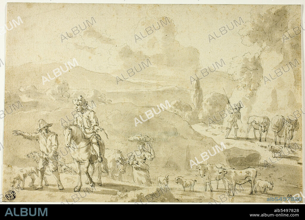 SAINTE BEGUE D'ANDENNE. Cows, Sheep, Goats Being Herded, Herdsman Giving Directions to Traveler on Horseback, n.d.
