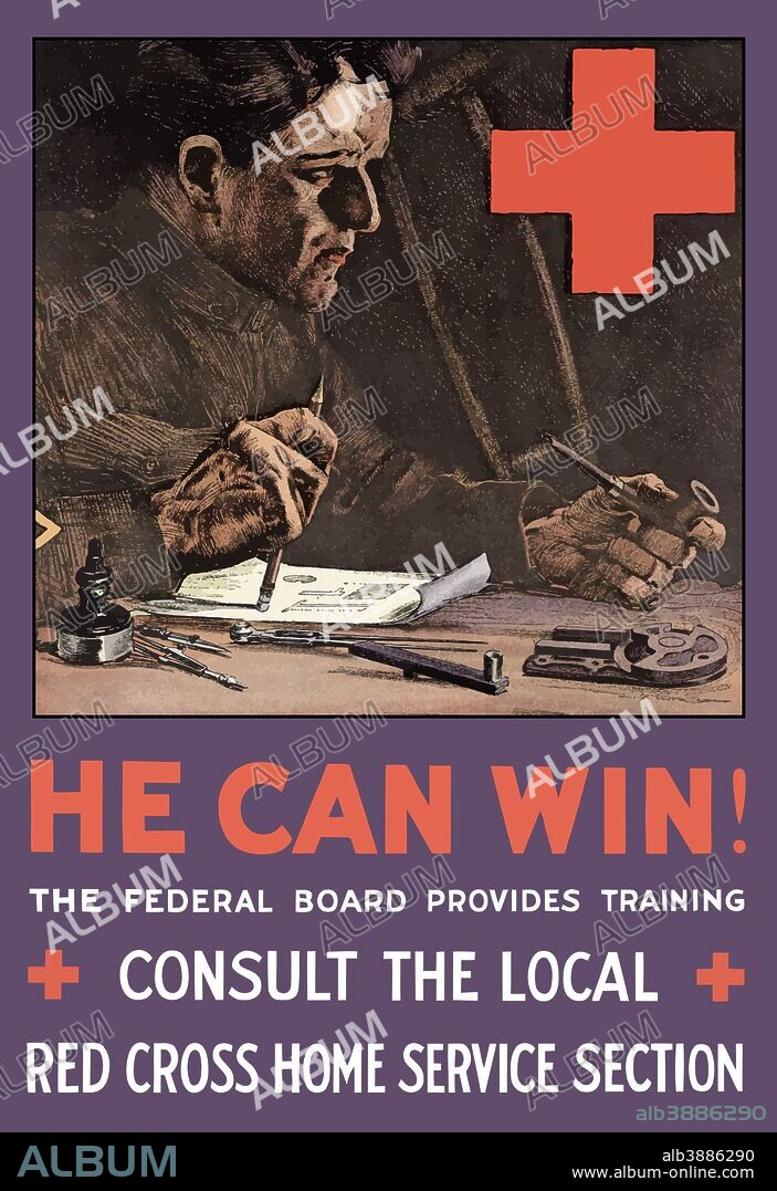 Vintage World War I poster of an injured soldier working at a desk and smoking a pipe. It reads, He Can Win! The federal board provides training, Consult the local Red Cross home service section.