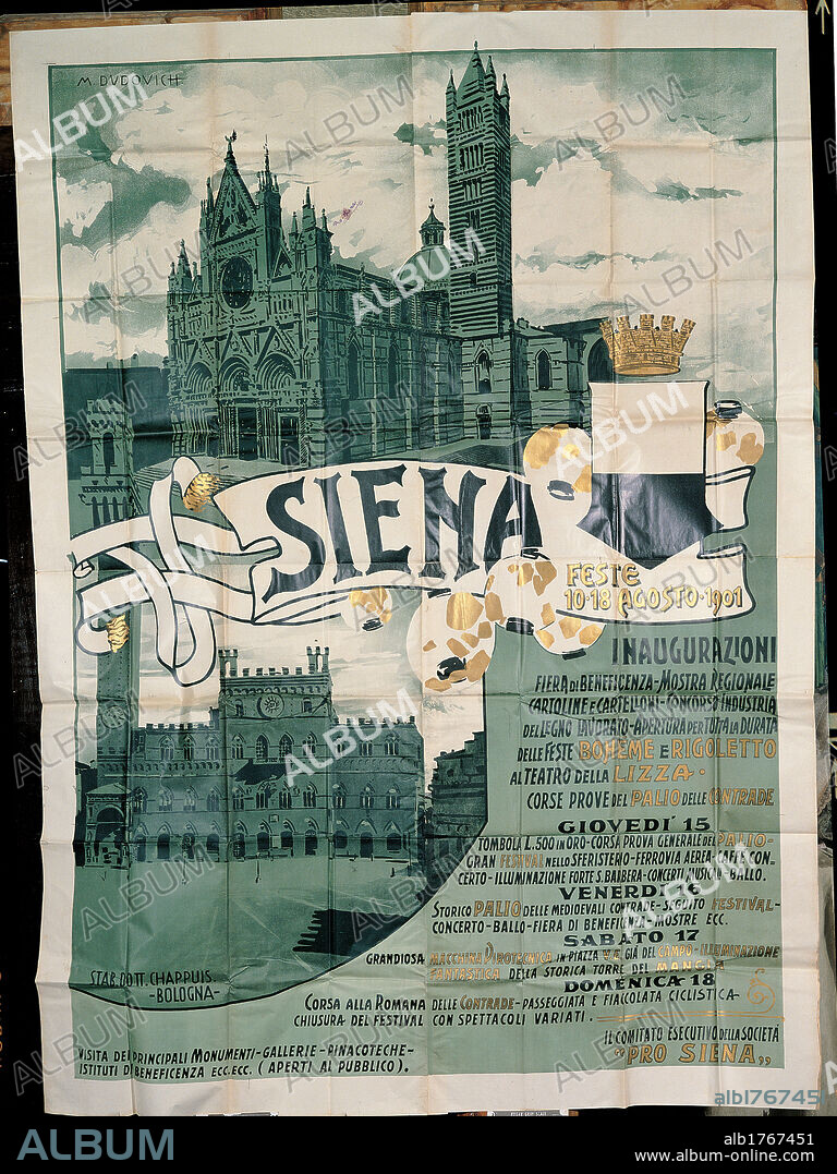 Poster of Siena celebrations in August 1901, by Marcello Dudovich, 1901, 20th Century,. private collection. All. Advertising playbill inscriptions monuments Siena Cathedral Piazza del Campo white gray green gold.  Please remember that author's rights have to be cleared for modern and contemporary works of arts.