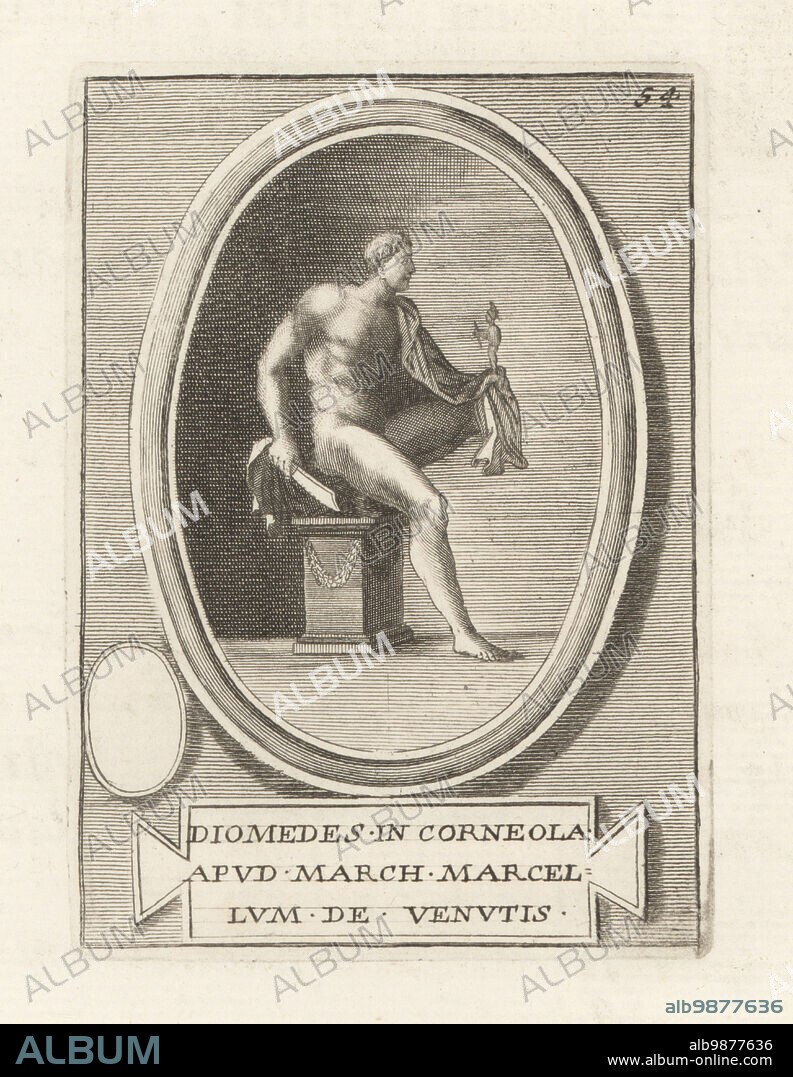 Greek hero Diomedes with the Palladium statue of Athena stolen from Troy. From an engraved cornelian gem in the collection of Marcello Venuti. Diomedes in Corneola apud March Marcellum de Venutis. Copperplate engraving from Francesco Valesio, Antonio Gori and Ridolfino Venutis Academia Etrusca, Museum Cortonense in quo Vetera Monumenta, (Etruscan Academy or Museum of Cortona), Faustus Amideus, Rome, 1750.