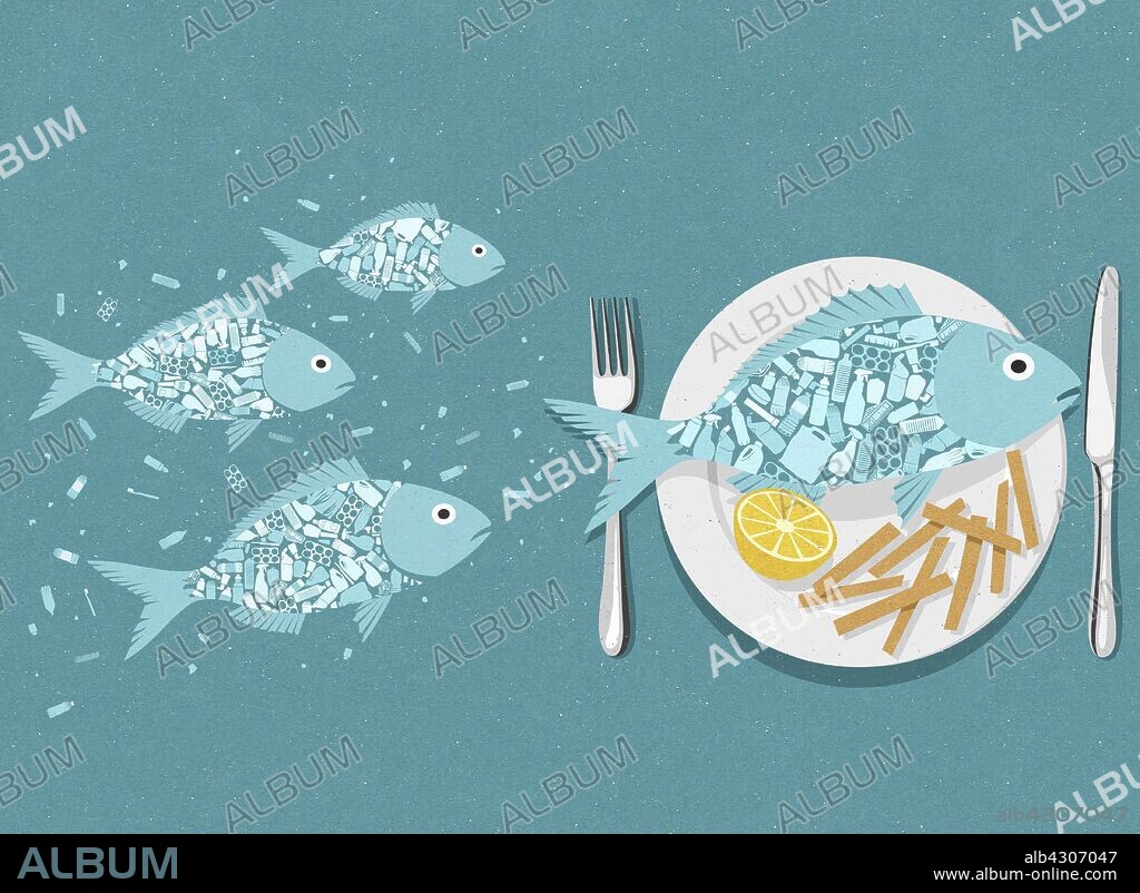 Fish full of plastic swimming and on plate with chips.