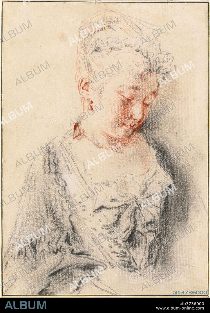 ANTOINE WATTEAU. Seated Woman Looking Down. Dated: c. 1720/1721. Dimensions: overall: 21 x 14.7 cm (8 1/4 x 5 13/16 in.). Medium: red and black chalk with stumping on laid paper, with later framing line in brown ink.
