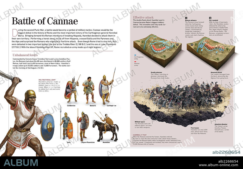 La batalla de Cannas. Infografía acerca de la batalla de Cannas (216 a.C.), en la que se enfrentó el ejército cartaginés de Aníbal Barca y el ejército romano. Esta batalla significó la derrota más grande en la historia de Roma.
