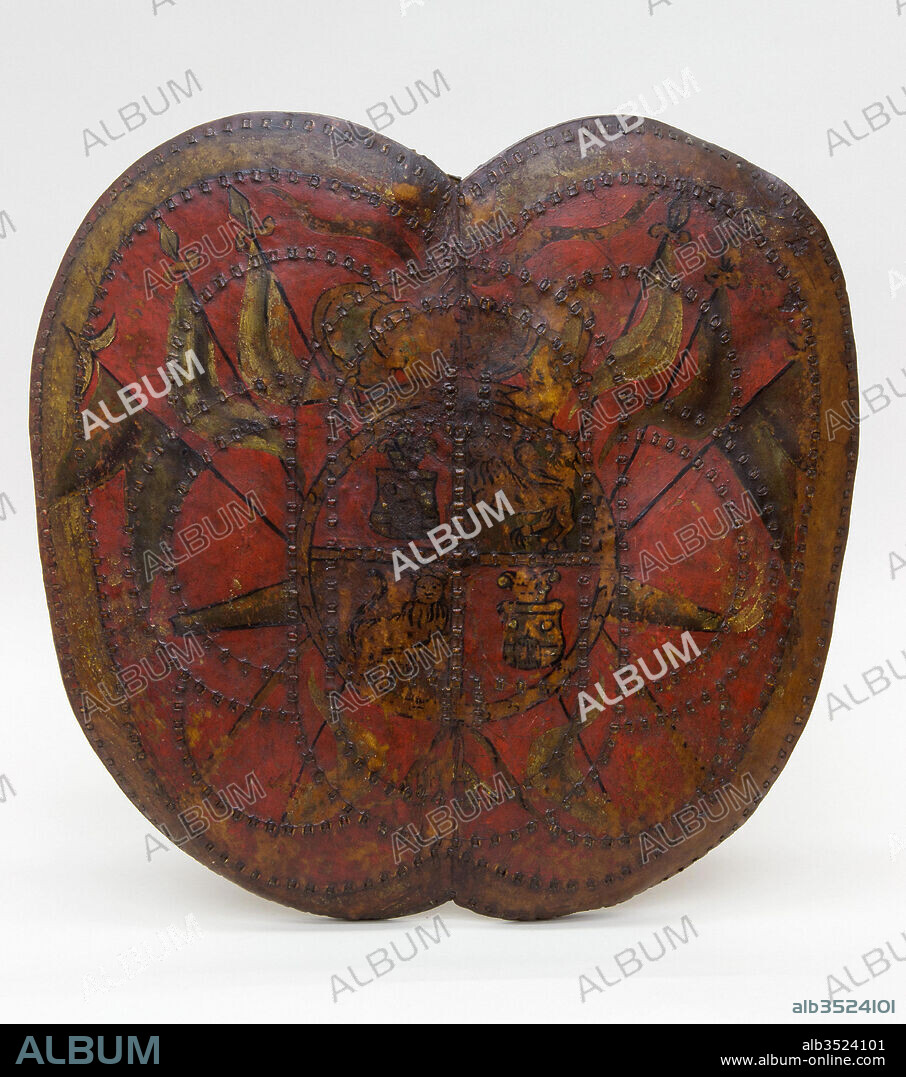 Shield (Adarga), probably mid-18th century, Mexican, Leather, pigment, H. 19 1/4 in. (48.9 cm); W. 19 1/2 in. (49.5 cm); Wt. 2 lb. 11 oz. (1219 g), Shields, Adargas are a type of leather shield introduced into Spain from North Africa in the 13th century. This example is made of three layers of hide stitched together with leather laces that create an abstract pattern.