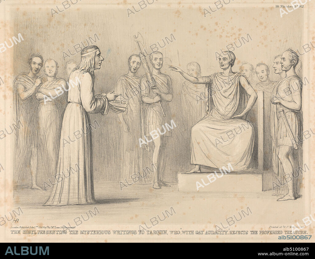 The Sibyl Presenting the Mysterious Writings to Tarquin, Who 'With Gay Audacity' Rejects the Proferred Treasure, Print made by John Doyle ('H.B.'), 17971868, Irish, Printed by Thomas McLean, 17881875, British, Published by Thomas McLean, 17881875, British, 1849, Lithograph in tan and black ink on moderately thick, smooth, beige wove paper, Sheet: 11 3/4 x 17 1/16 inches (29.8 x 43.4 cm) and Image: 10 1/4 x 13 7/8 inches (26 x 35.2 cm), axes, gesturing, historical subject, men, political, politicians, posing, religious and mythological subject, satire, satirical, scrolls, sibyl, sketches, swords, talking, throne, togas, treasure trove.