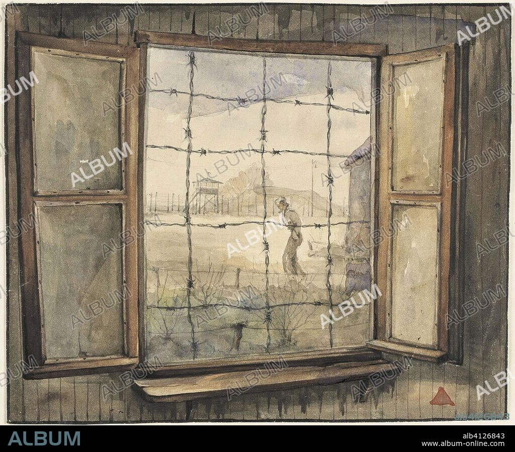 Uitzicht uit het raam op massagraf. Krijgsgevangenenkamp Stalag IVB in Mühlberg aan de Elbe (series title). Draughtsman: Wim van Hooff. Dating: 1944 - 1945. Place: Mühlberg. Measurements: h 18.5 cm × w 22 cm.