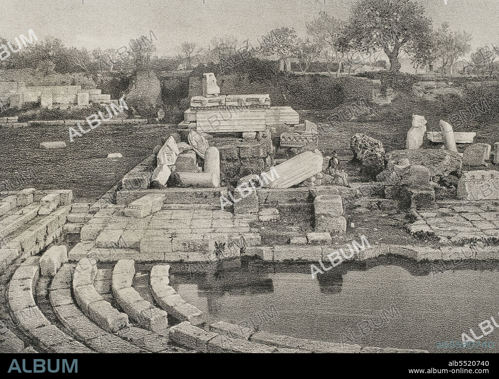 Italia. Isla de Sicilia. Siracusa. Ruinas conocidas con el nombre de "Baño de Diana". Ilustración por José Cebrián. Litografía por Julio Donón. "Viaje a Oriente", 1884.