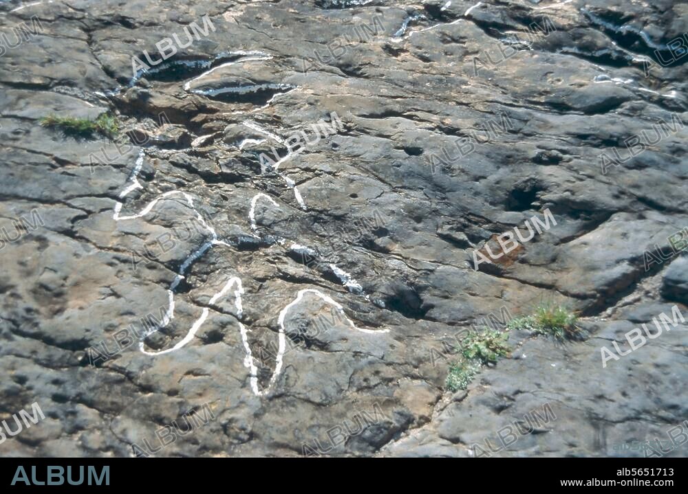 Enciso (La Rioja, Espagne), Ruta de los Dinosaurios - Route des dinosaures. (Empreintes fossilisées de dinosaures). Empreintes. Photo.