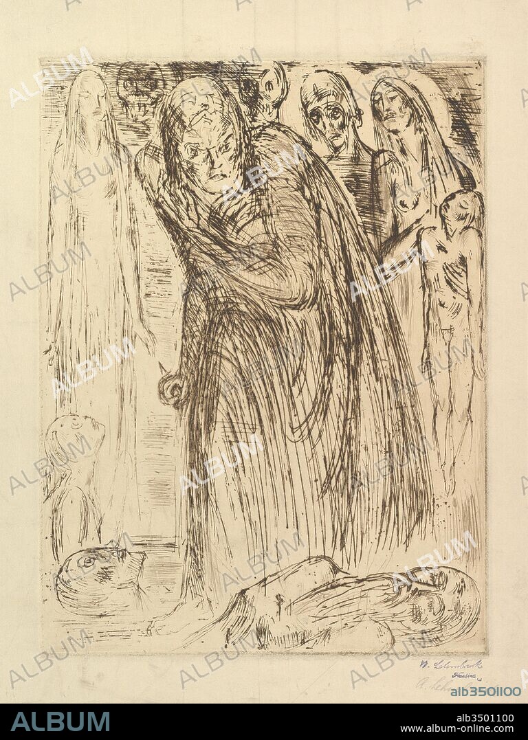Macbeth IV, 1918, Drypoint; first state of two, plate: 15 1/2 x 11 3/4 inches (39.5 x 29.5 cm), Prints, Wilhelm Lehmbruck (German, Duisburg 1881–1919 Berlin), Known best as a sculptor, Lehmbruck also made etchings and drypoints in his last decade. This example belongs to a series he devoted to Lady Macbeth, a fearsome figure in Shakespeare's play who encourages her husband to murder King Duncan to attain the throne, and is herself eventually consumed by guilt.