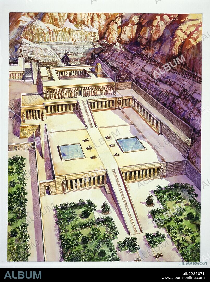 Egyptian civilization - Ancient Thebes. Reconstruction of temple of Hatshepsut at Deir el-Bahari. Color illustration.