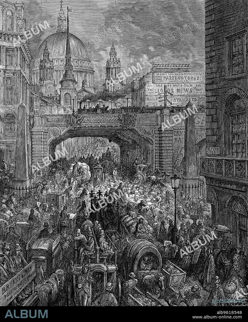 'Ludgate Hill', London, 1872. A scene of traffic congestion, with a railway viaduct (centre), and the dome of St Paul's visible in the distance. From London: A Pilgrimage by Gustave Dore and Blanchard Jerrold. (London, 1872).