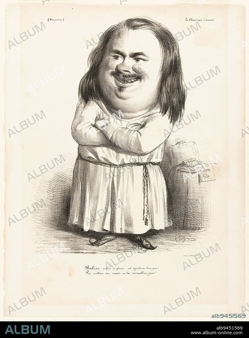 Portrait-charge of Balzac, Roubaud, Benjamin (dit Benjamin), Dessinateur-lithographe, Aubert et Cie, Imprimeur, En 1838, Maison de Balzac, Arts graphiques, Estampe, Estampe, Lithographie, Height: 34.4 cm, Width: 26.7 cm, Dimensions - Image:, Height: 28.5 cm, Width: 22.7 cm, Dimensions - Montage:, Height: 50 cm, Width: 40 cm.