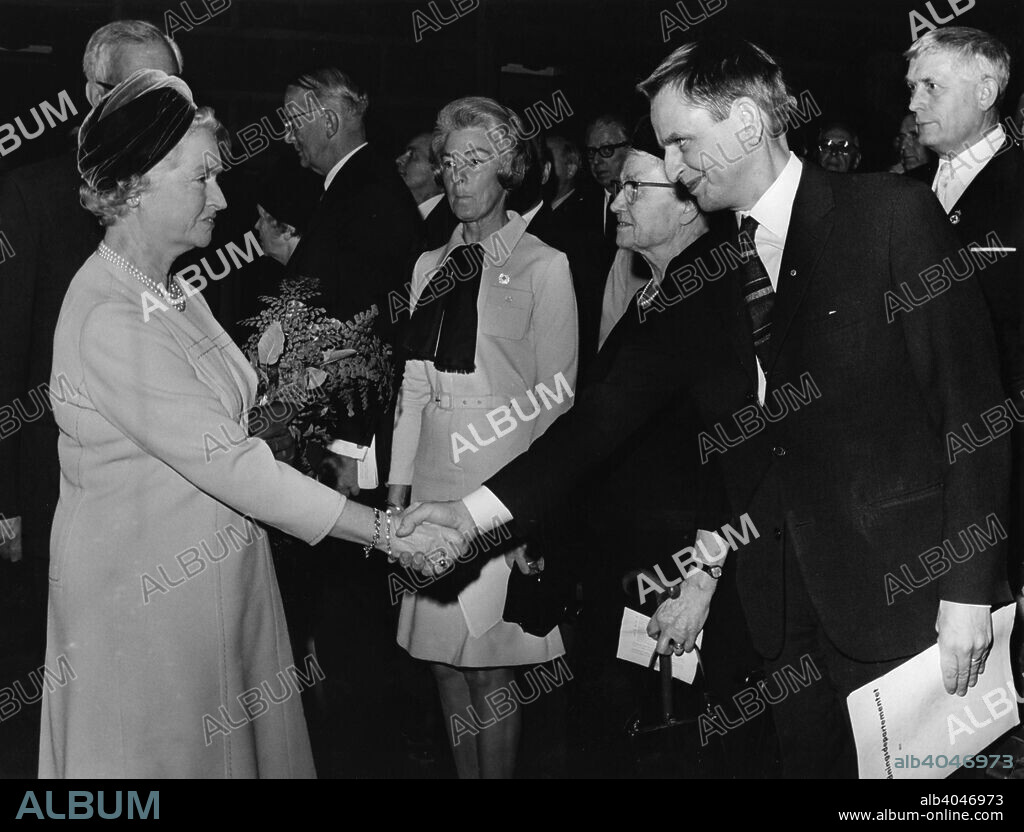 Princess Sibylla meets Prime Minister Olof Palme in Stockholm Concert Hall, Sweden, 1969. At the Jubilee meeting of the Red Cross. Princess Sibylla of Saxe-Coburg and Gotha (1908-1972) was the widow of Prince Gustaf Adolf, Duke of Västerbotten, who was killed in a plane crash in 1947. Olof Palme (1927-1986) was Prime Minister of Sweden from 1969 until 1976 and again from 1982 until 1 March 1986, when he was assassinated. The identity of his killer remains unknown.