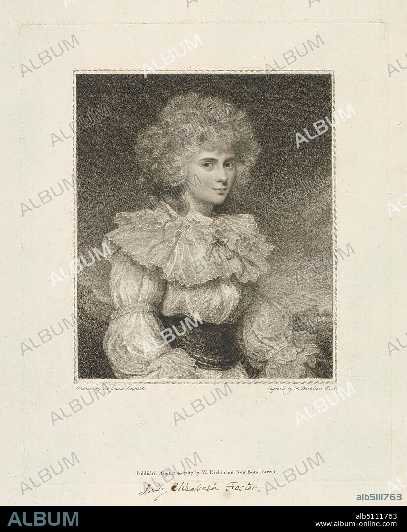 Lady Elizabeth Foster, Print made by Francesco Bartolozzi RA, 17281815, Italian, active in Britain (176499), after Sir Joshua Reynolds RA, 17231792, British, Published by William Dickinson, 17461823, British, 1787, Etching and stipple engraving on moderately thick, moderately textured, cream laid paper, Sheet: 19 7/8 × 14 inches (50.5 × 35.5 cm), Plate: 12 3/16 × 9 5/8 inches (31 × 24.5 cm), and Image: 8 3/8 × 7 inches (21.3 × 17.8 cm), bow (costume accessory), collar, costume, curls, dots, dress (costume), duchess, frills, lace, nobility, portrait, sash, woman.