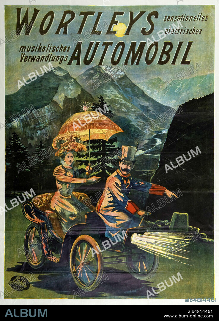 'Wortleys Automobil'. Couple dans une voiture roulant de nuit, les phares allumes. Affiche publicitaire allemande vers 1890 1900. Credit : IM/KHARBINE-TAPABOR.