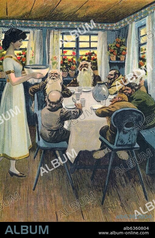 Literatur / Märchen:. Schneewittchen. "Schneewittchen". Farbdruck nach Willy Planck (1870-1956). Aus: Unzerreißbares Märchenbilderbuch. Mit 7 Farbdruckbildern von W. Planck und Text, Stuttgart (Loewes Verlag Ferdinand Carl) o. J. (1910?), S. 12. Berlin, Sammlung Archiv für Kunst und Geschichte.