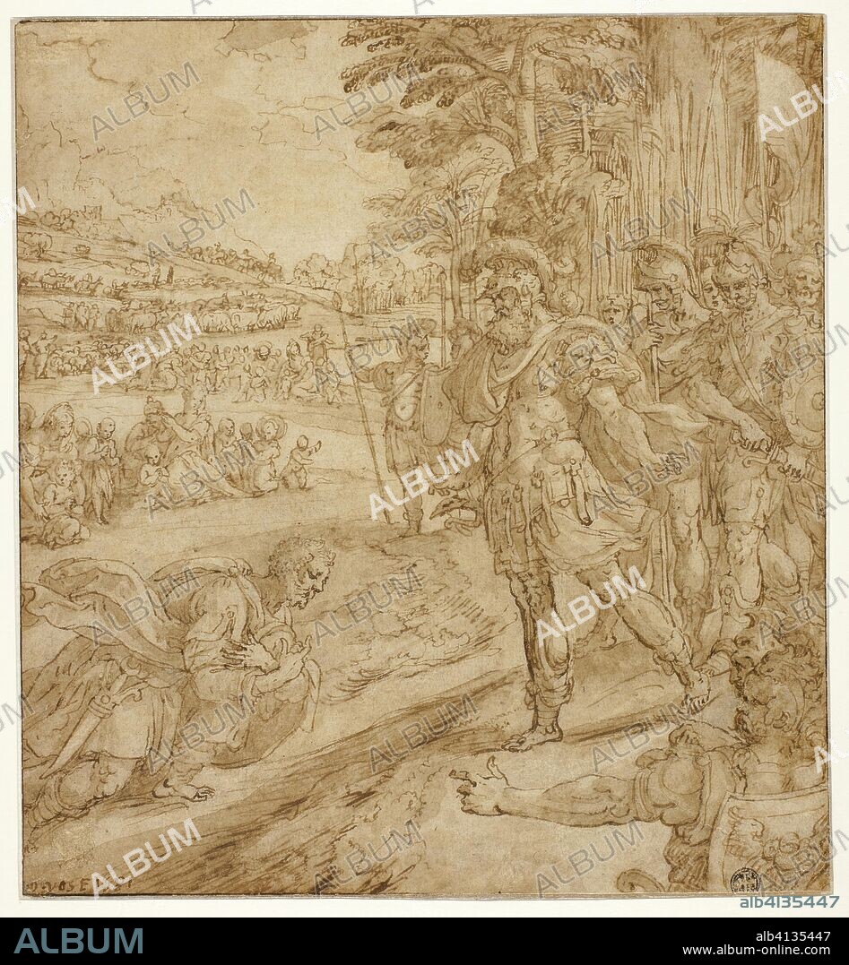 MARTEN DE VOS. The Reconciliation of Jacob and Esau. Maerten de Vos; Flemish, 1532-1603. Date: 1581. Dimensions: 213 × 195 mm. Pen and brown ink and brush and brown wash on cream laid paper, incised with a stylus for transfer. Origin: Flanders.