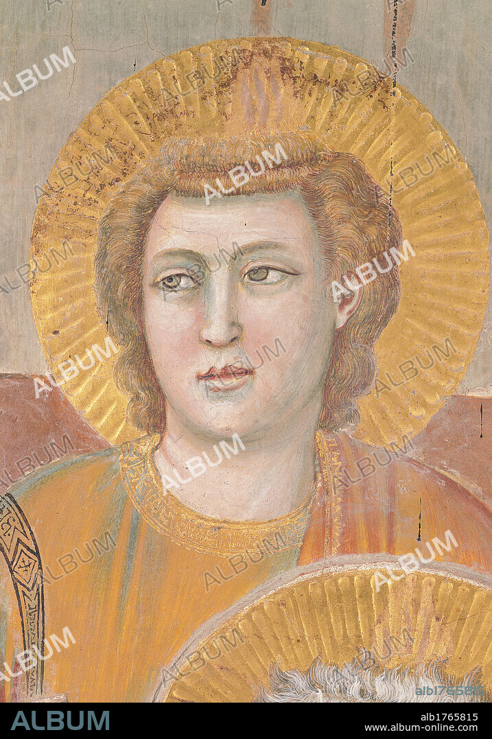 Stories of the Passion The Ascension, by Giotto, 1304-1306 about, 14th Century, fresco,. Italy, Veneto, Padua, Scrovegni Chapel. Stories of the Passion the Ascension. Detail. The face of an apostle, the first to the right of Jesus, aureole halo gold ochre white pink color complexion.