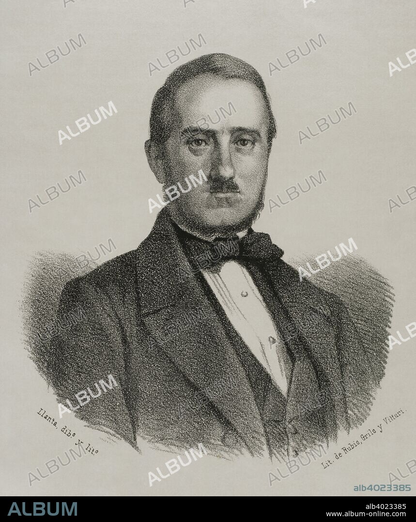 Joaquín María López (Villena, provincia de Alicante, 1798-Madrid, 1855). Político español del Partido Progresista. Ministro de Gobernación del Reino, 1836-1837, Ministro de Gracia y Justicia, 1843 y Presidente del Consejo de Ministros de España, 1843. Dibujo por Llanta. Litografía. Retrato. Crónica General de España, Historia Ilustrada y Descriptiva de sus Provincias. Región de Murcia, 1870. Biblioteca Histórico Militar de Barcelona, Cataluña, España.