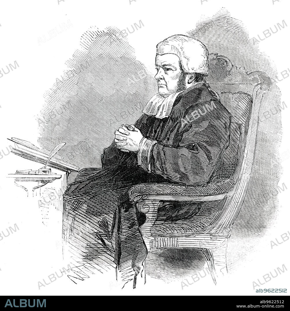The Right Hon. Lord Truro, Lord High Chancellor, 1850. 'On Wednesday morning, the occasion of Sir Thomas Wilde, now Lord Truro, taking the oaths and his seat as Lord Chancellor, attracted a numerous attendance of counsel to the court at Lincoln's Inn [in London], the inner bar...being insufficient to accommodate the members of that body...Lord Langdale, Master of the Rolls, and the Vice-Chancellor Knight Bruce, having entered the court on the opposite side, and taken their stations on the bench, Lord Langdale advanced, and placing the Testament in the hands of Lord Truro, the Clerk of the Crown in Chancery administered the customary oaths of allegiance and supremacy...after which Lord Langdale...congratulated his Lordship on his elevation...'. The Lord Chancellor then ascended the raised dais, and took his seat'. From "Illustrated London News", 1850.