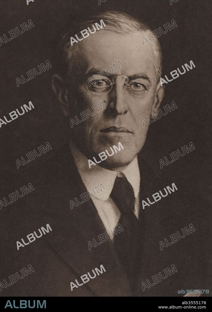 Primera guerra mundial (1914-1918). Wilson, Thomas Woodrow (1856-1924), político norteamericano, presidente de los Estados Unidos. Grabado de 1916.