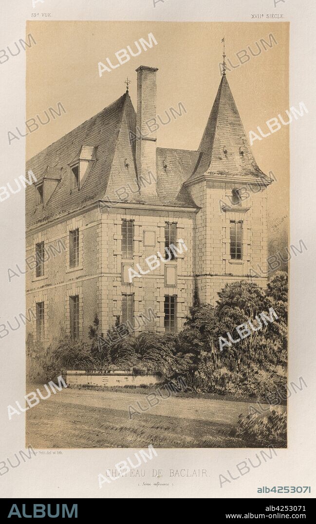 Architecture Pittoresque ou Monuments des XVeme. Et XVIeme. Siecles: Chateaux de France des XV et XVI Siecles: Pl. 59, Château De Baclair (Seine inférieure), 1860. Victor Petit (French, 1817-1874), Charles Boivin (publisher and editor); Lith de Godard a Paris (printer). Lithograph with tint stone, from portfolio of 100 lithographs with tint stone; sheet: 35.8 x 27.4 cm (14 1/8 x 10 13/16 in.); image: 22.9 x 14.1 cm (9 x 5 9/16 in.).