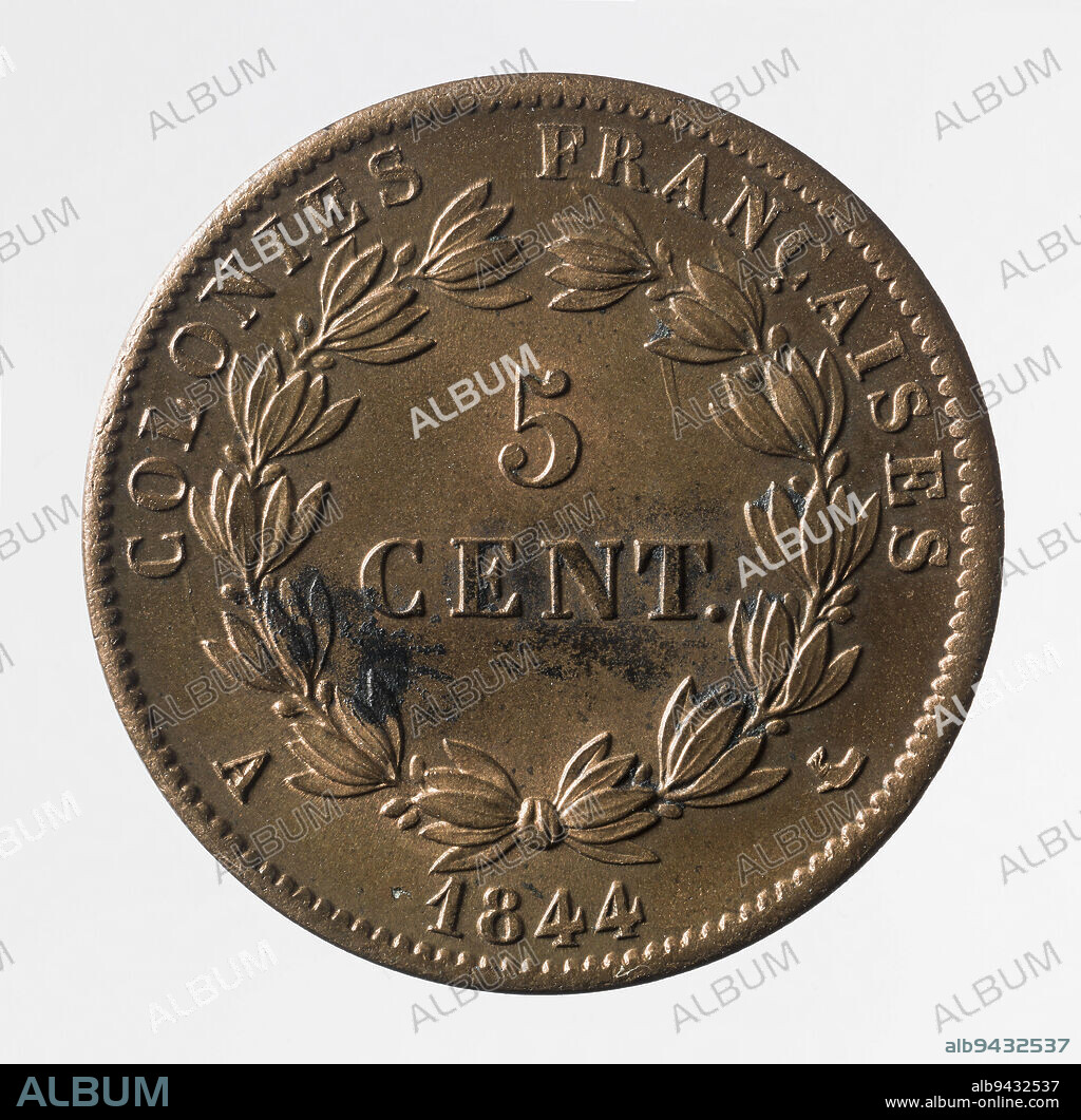 Coin of 5 centimes of franc of the French colonies under Louis-Philippe, 1844, Tiolier, Nicolas-Pierre, Engraver in medals, Barre, Jacques-Jean, Engraver in medals, In 1844, Numismatic, Monnaie, Paris, Paris, Diameter: 2.4 cm, Weight (type dimension): 10.05 g.