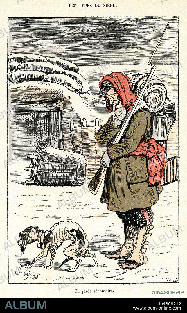 Un garde sedentaire (regardant avec envie un chien famelique). Les types du Siege. Caricature de 1878 par Georges LAFOSSE (1844-1880) pour Degringolade imperiale Seconde partie de l'Histoire tintamarresque de Napoleon III de TOUCHATOUT (1835-1911). Credit : Collection Jonas/Kharbine-Tapabor.