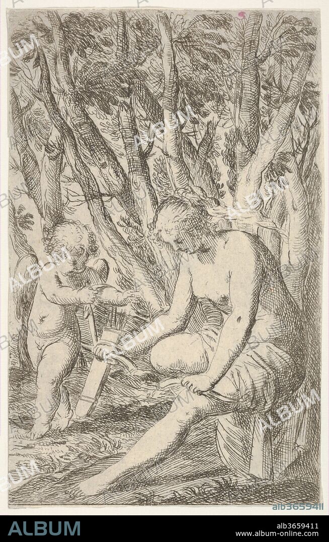 Venus breaking Cupid's bow over her knee with Cupid stretching both hands toward it, from the series 'Sport of Love' (Scherzi d'amore). Artist: Odoardo Fialetti (Italian, Bologna 1573-1637/38 Venice). Dimensions: sheet: 5 13/16 x 3 5/8 in. (14.7 x 9.2 cm). Series/Portfolio: Sport of Love (Scherzi d'amore). Date: 1617.