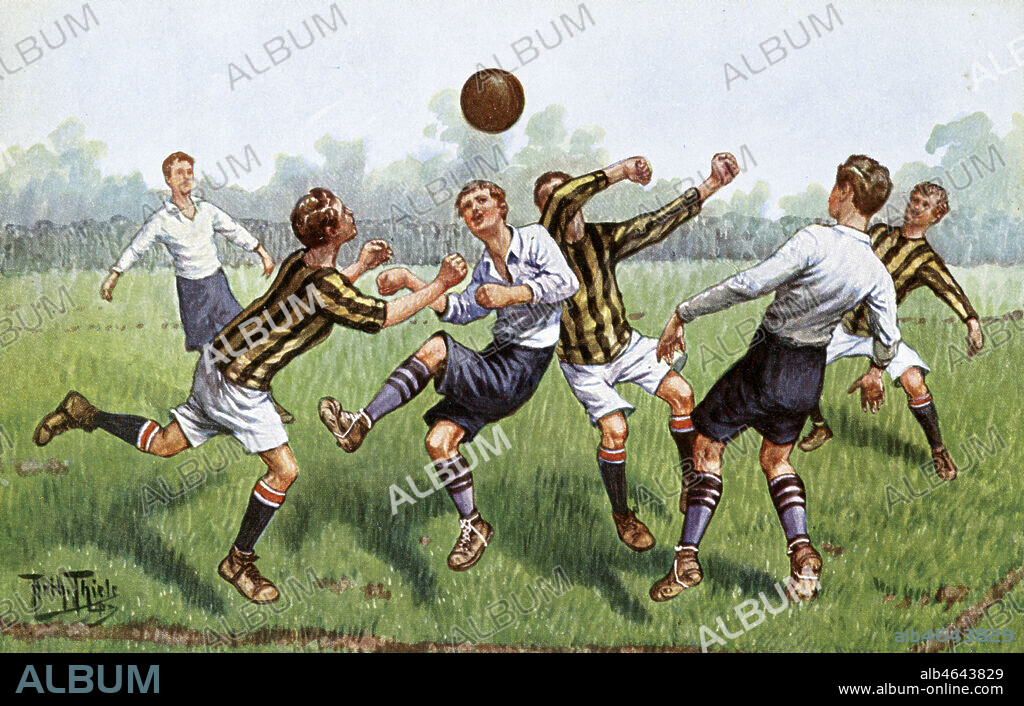 Match de football. Illustration par Arthur THIELE (1860-1936) pour une serie de cartes postales vers 1910. Credit : Collection IM/KHARBINE-TAPABOR.