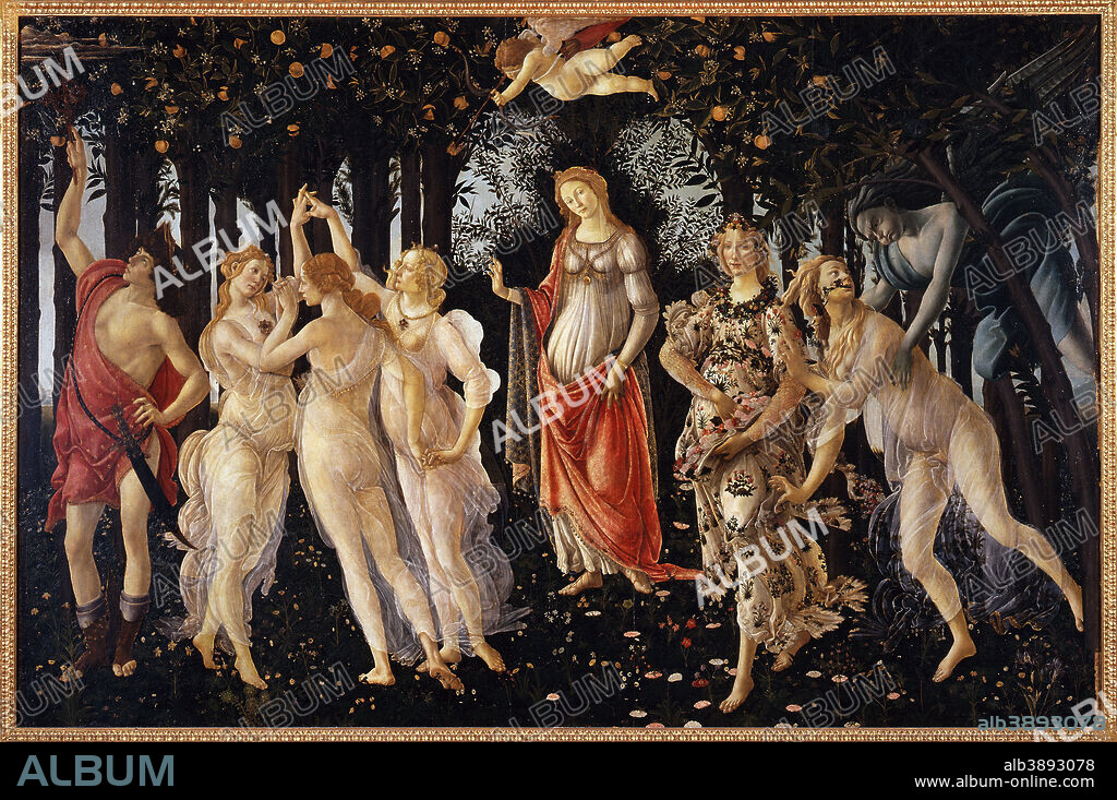 SANDRO BOTTICELLI. La Primavera / La Primavera (Spring). Date/Period: From 1482 until 1485. Tempera on panel. Height: 207 cm (81.4 in); Width: 319 cm (10.4 ft).