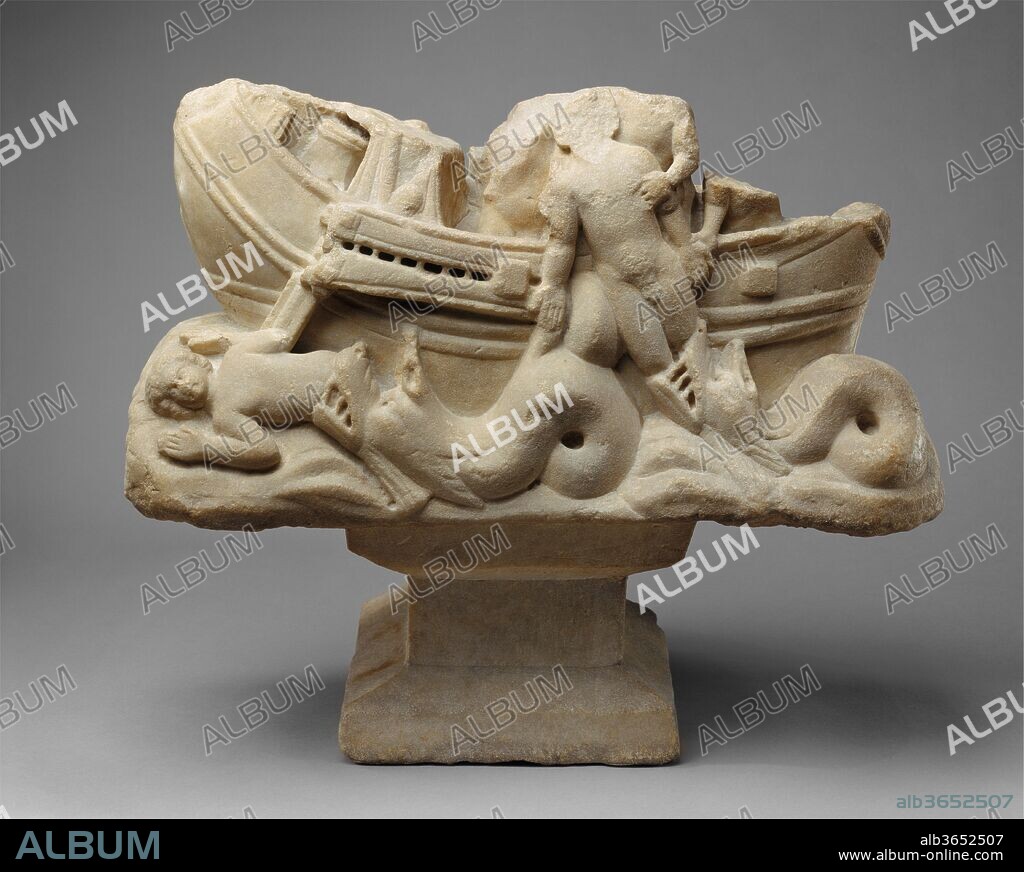 Table Base with Jonah Swallowed and Cast Up by the Big Fish. Culture: Roman. Dimensions: Overall: 19 1/2 x 24 x 13 1/4 in. (49.5 x 61 x 33.7 cm)
Base: 9 5/8 x 10 1/4 in. (24.4 x 26 cm)
weight: 181lb. (82.1kg). Date: early 300s.
The sculpture portrays two key episodes from the biblical story of Johan in succession: first, he is thrown overboard during a great storm at sea and swallowed by a great fish; then, after three days, Jonah is saved when the fish vomits. A testament to the power of faith, the Jonah story was embraced by Christians as foretelling the story of Jesus' resurrection from the dead after three days.