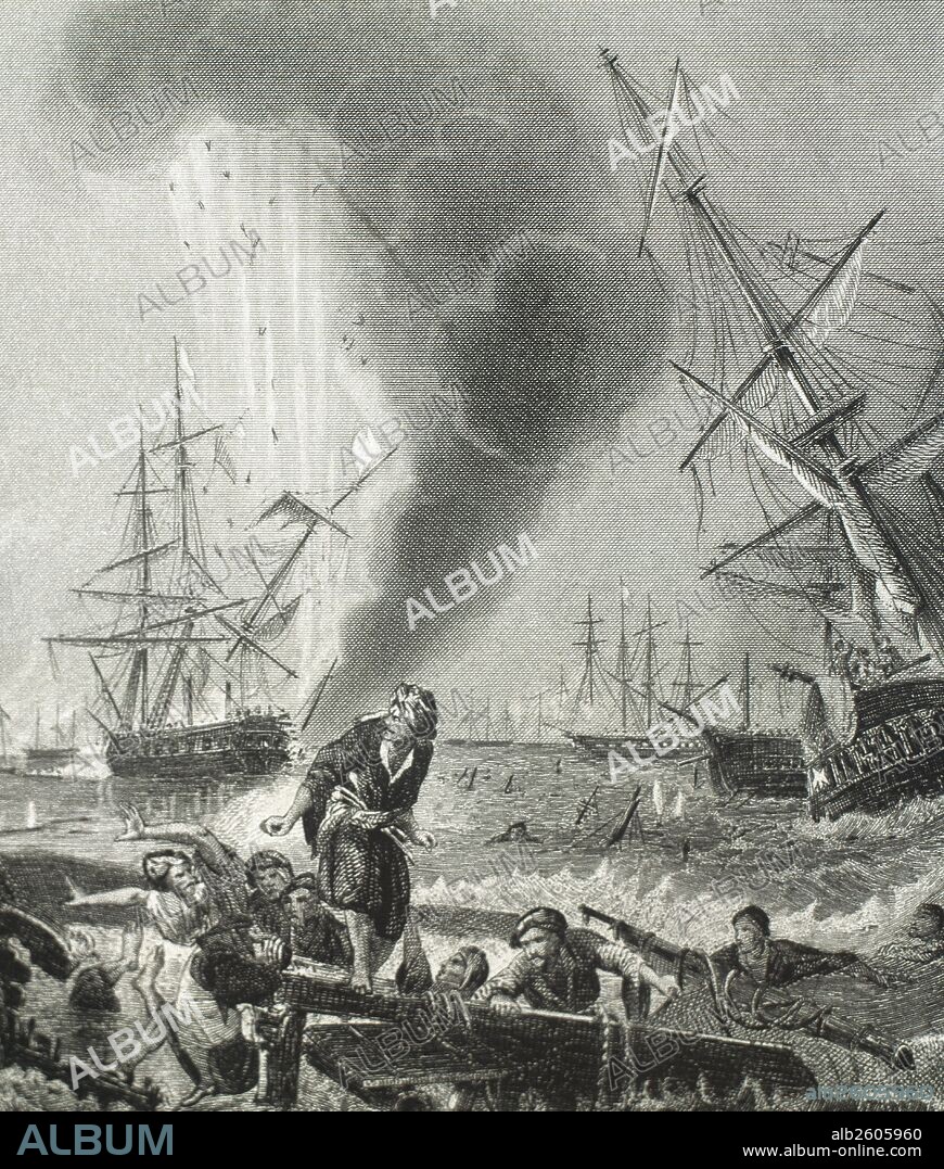 GUERRA DE INDEPENDENCIA DE GRECIA (1821-1830) "BATALLA DE NAVARINO" (20 de octubre de 1827). Acción acaecida en aguas de la bahía de Navarino (actual Pylos), en el Peloponeso. Una escuadra conjunta de Francia, Rusia y Gran Bretaña venció a la flota turco-egipcia del sultán Ibrahim. Grabado de "Historia Universal", 1869.