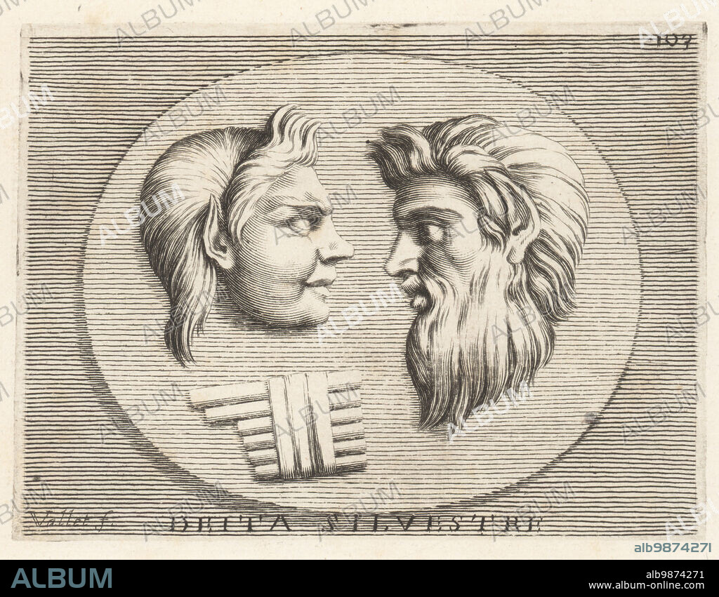 Heads of Greek woodland gods with syrinx or pan flute. Heads of a Faun, half human and half goat, and a Satyr or Silenus, bearded man with horse ears. Carnelian gem. Deita Silvestre. Copperplate engraving by Guillaume Vallet after Giovanni Angelo Canini from Iconografia, cioe disegni d'imagini de famosissimi monarchi, regi, filososi, poeti ed oratori dell' Antichita, Drawings of images of famous monarchs, kings, philosophers, poets and orators of Antiquity, Ignatio deLazari, Rome, 1699.