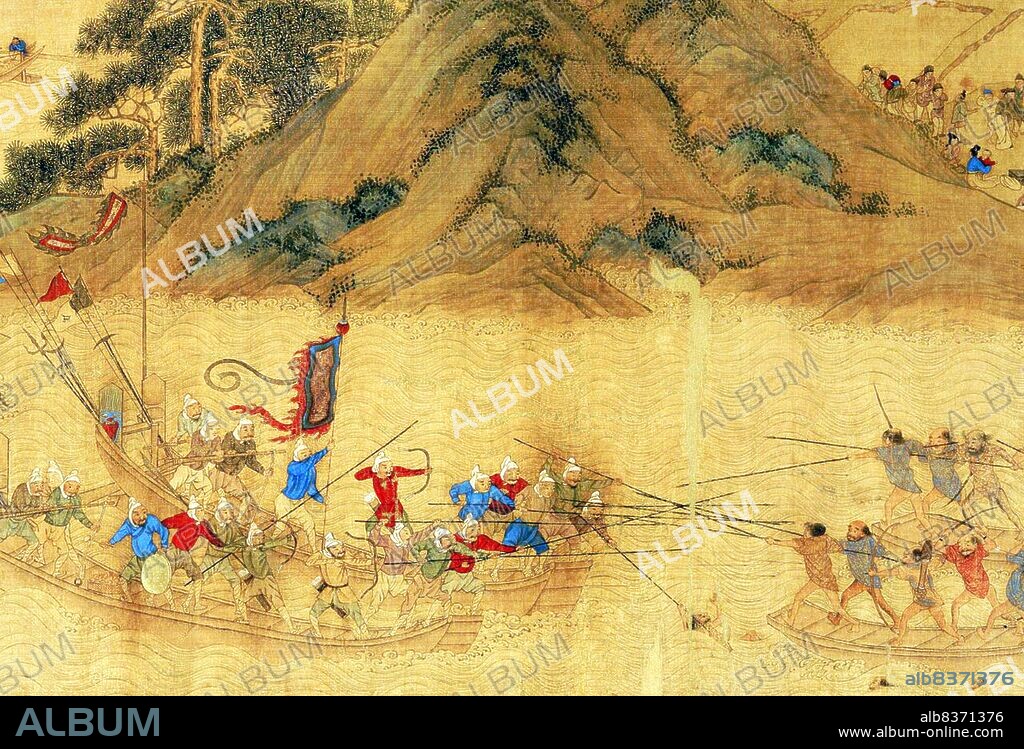 In the waning years of the Yuan dynasty (1279-1368), <i>wokou</i> (Japanese pirates) raided the coastal provinces of eastern China with increasing regularity. Despite suffering defeat in Shandong in 1363, raiding parties continued, pushing even farther south along the coast to Fujian Province.<br/><br/>. The scroll in its entirety shows a party of Japanese pirates landing in a coastal community, scouting and raiding local residences, the flight of refugees, and the response of Ming troops who defend the area in a pitched battle on the water.