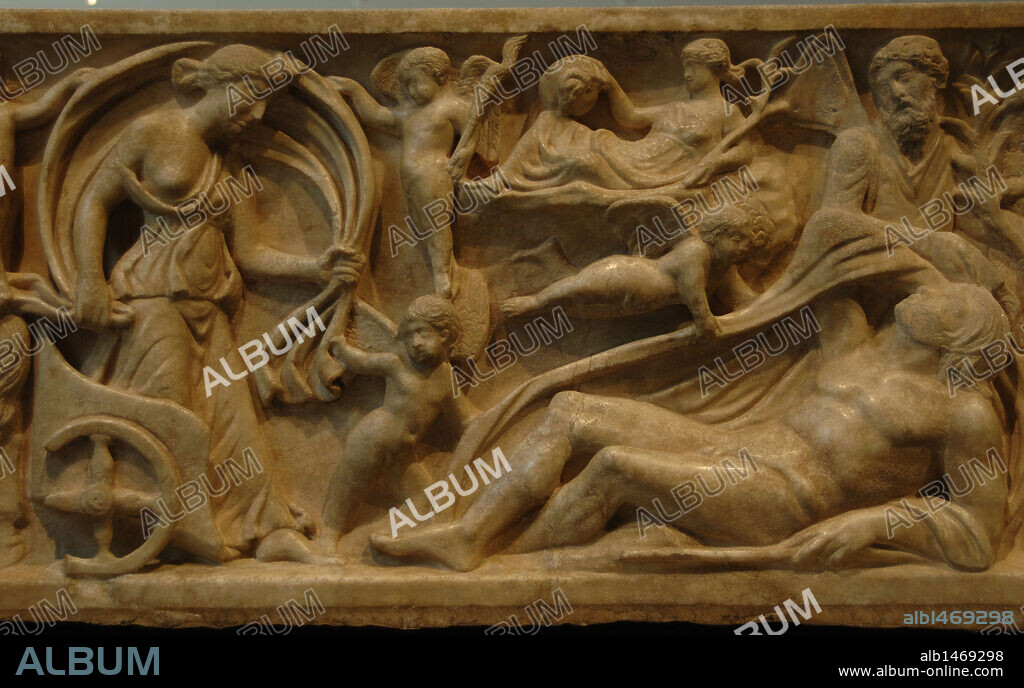ARTE ROMANO. RELIEVES DE UN SARCOFAGO con la representación del 'MITO DE ENDIMION Y SELENE'. S. II. Museo Metropolitano de Arte. Nueva York. Estados Unidos.